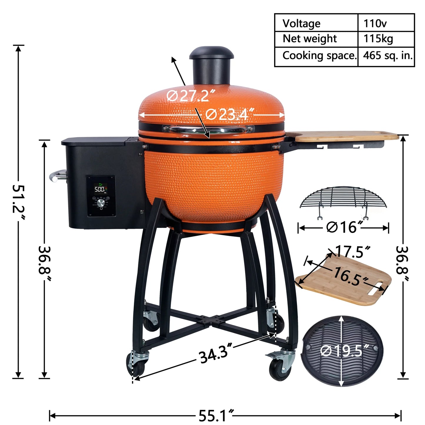 24 "Ceramic Pellet Grill with 19.6" diameter Gridiron Double Ceramic Liner 4-in-1 Smoked Roasted BBQ Pan-roasted for Outdoors Patio,Orange