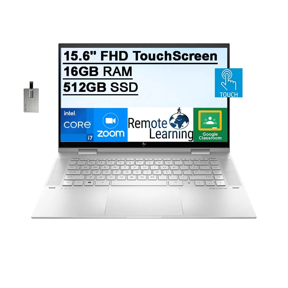 2021 Envy 2-in-1 15.6" FHD Monitor Mobile pc Computer, 11th Gen Core i7-1195G7, 16GB RAM, 512GB PCIe SSD, Backlit Keyboard, Iris Xe Graphics, HD Webcam, Win 11, Silver, 32GB USB Card