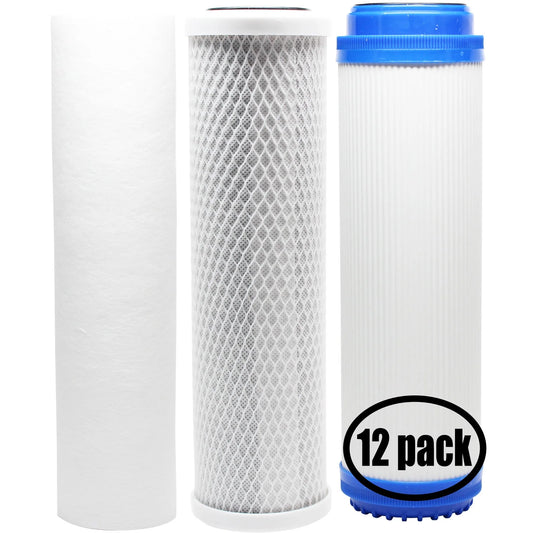 12-Pack Replacement for Filter Kit for Expres Liquid FilterHousing RO System - Includes Carbon Block Filter, PP Sediment Filter & GAC Filter - Denali Pure Brand