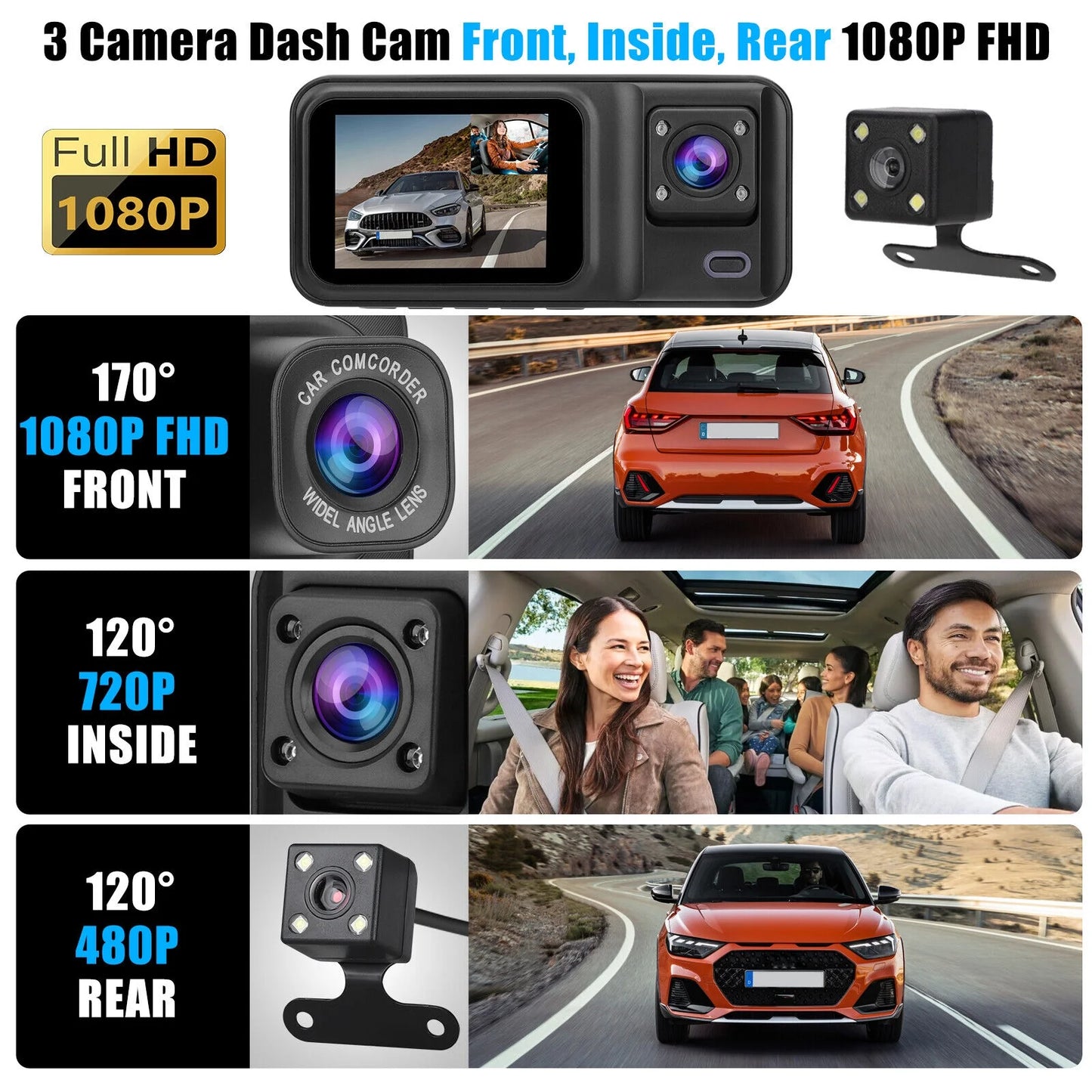 2" HD 1080P Car Dual Lens 170° Dash Cam 3 Channel Video Recorder Camera G-sensor