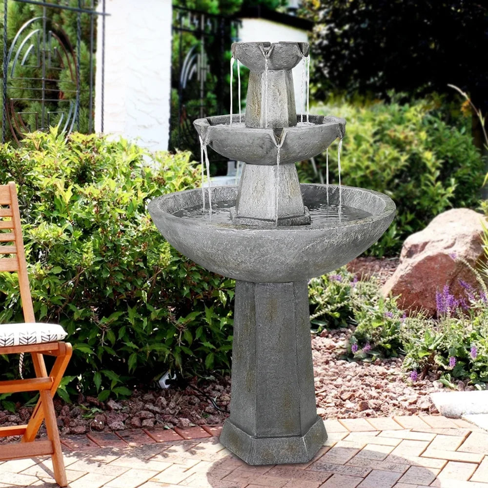 3 Tier Freestanding Liquid Fountain, 43.3in H Outdoor Fountain with Bird Bath Decor for Garden Patio Backyard Deck Home Lawn Porch