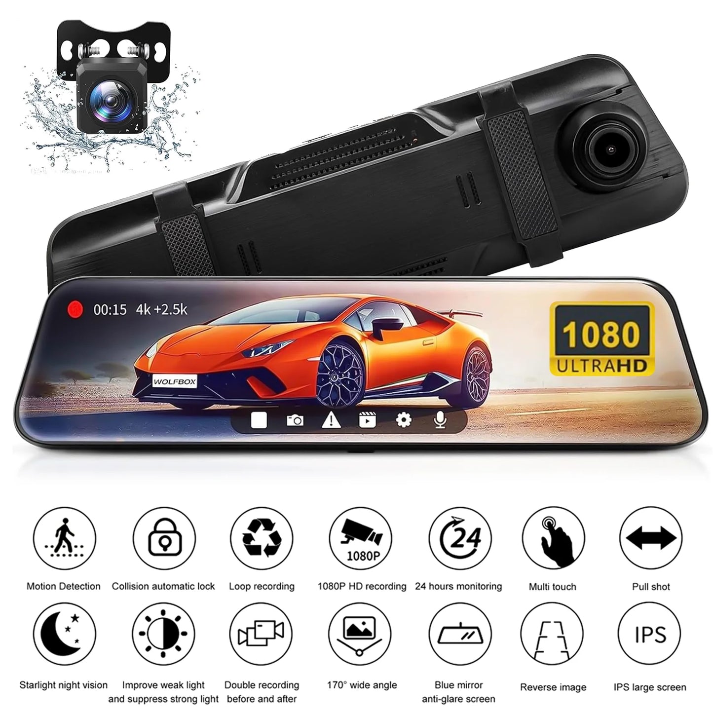 10" Mirror Dash Cam,Kepeak 1080P FHD Full Touch Monitor Front and Rear View Backup Camera,G-Sensor, Parking Monitor, 170° Wide Angle,with 5.5 Meters Cable