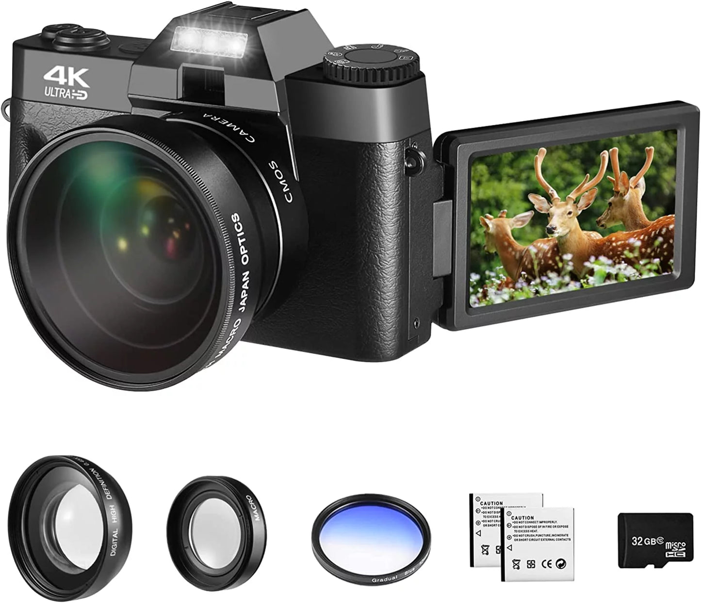 48MP Digital Camera for Photography,4K Vlogging Camera,Digital Camera for Kids and Adults with 180° Flip Monitor Lens,Macro Lens,32 GB Micro Card,2 Batteries(Black)