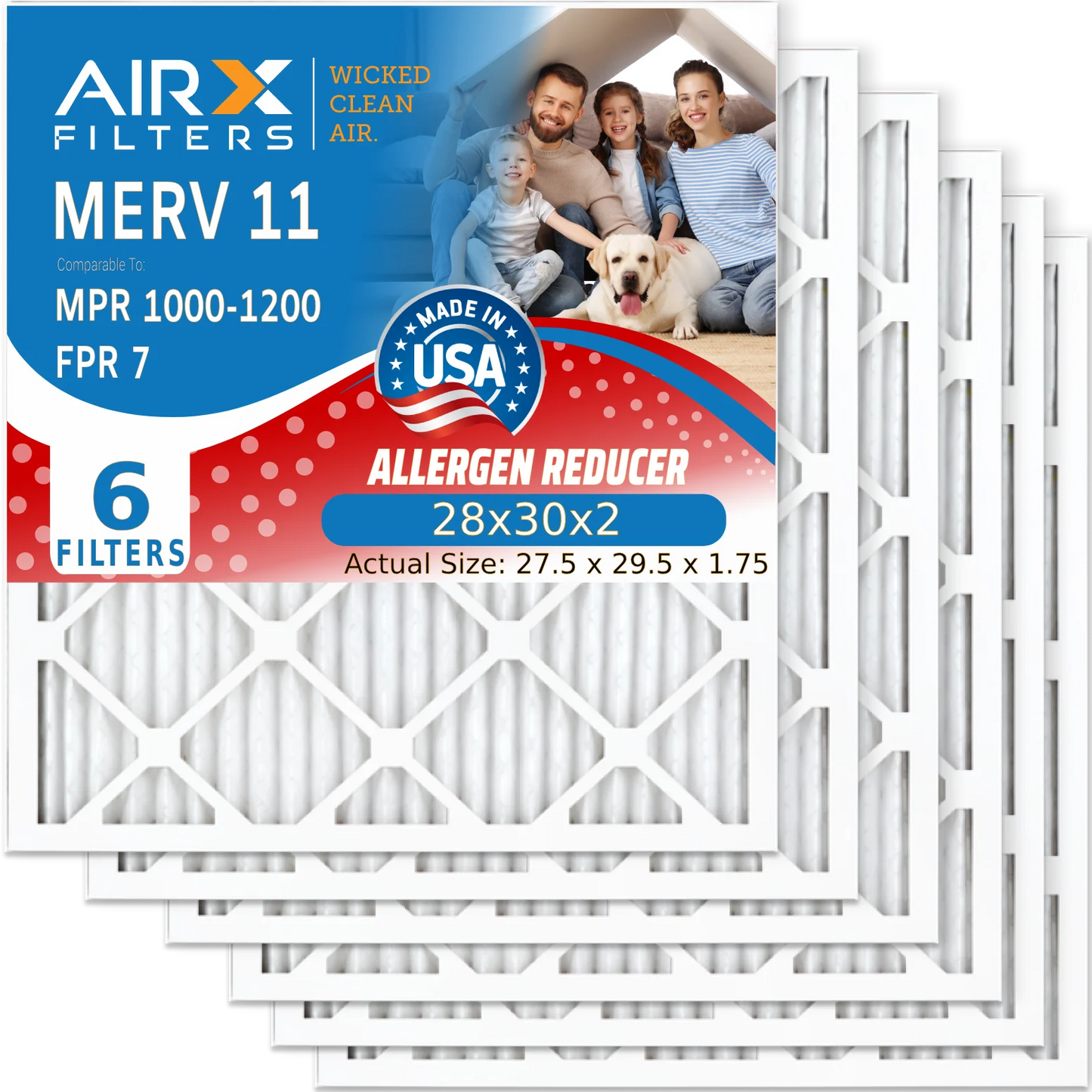 28x30x2 Air Filter MERV 11 Comparable to MPR 1000, MPR 1200 & FPR 7 Electrostatic Pleated Air Conditioner Filter 6 Pack HVAC Premium USA Made 28x30x2 Furnace Filters by AIRX FILTERS WICKED CLEAN AIR.