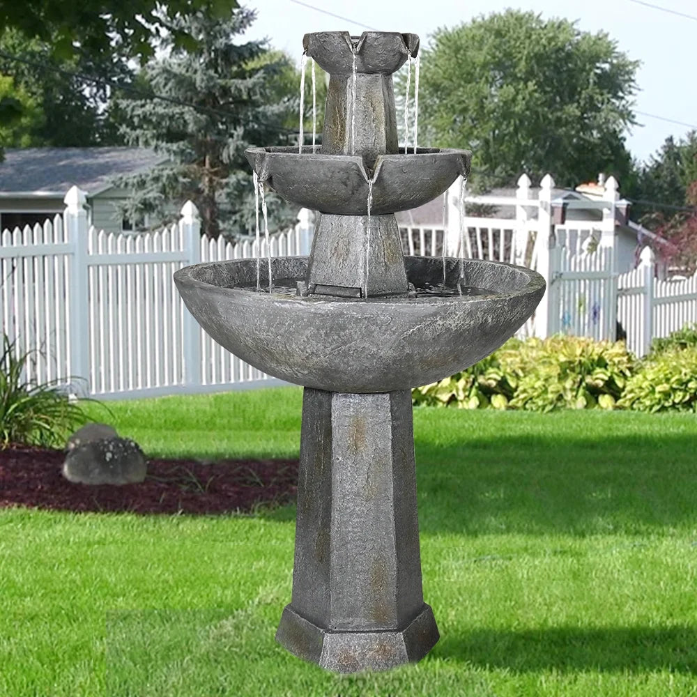 3 Tier Freestanding Liquid Fountain, 43.3in H Outdoor Fountain with Bird Bath Decor for Garden Patio Backyard Deck Home Lawn Porch