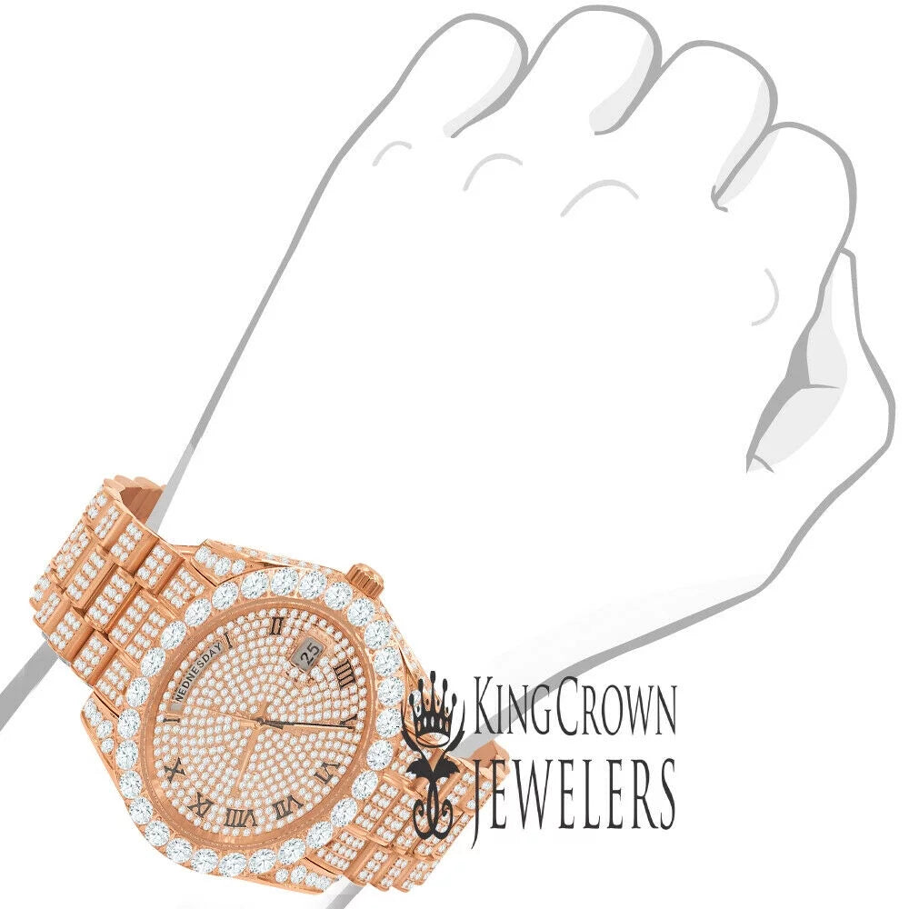 18K Rose Gold Tone Full Steel Day-Date Roman Face Solitaire Bezel Mens Simulated Diamond Watch 40mm