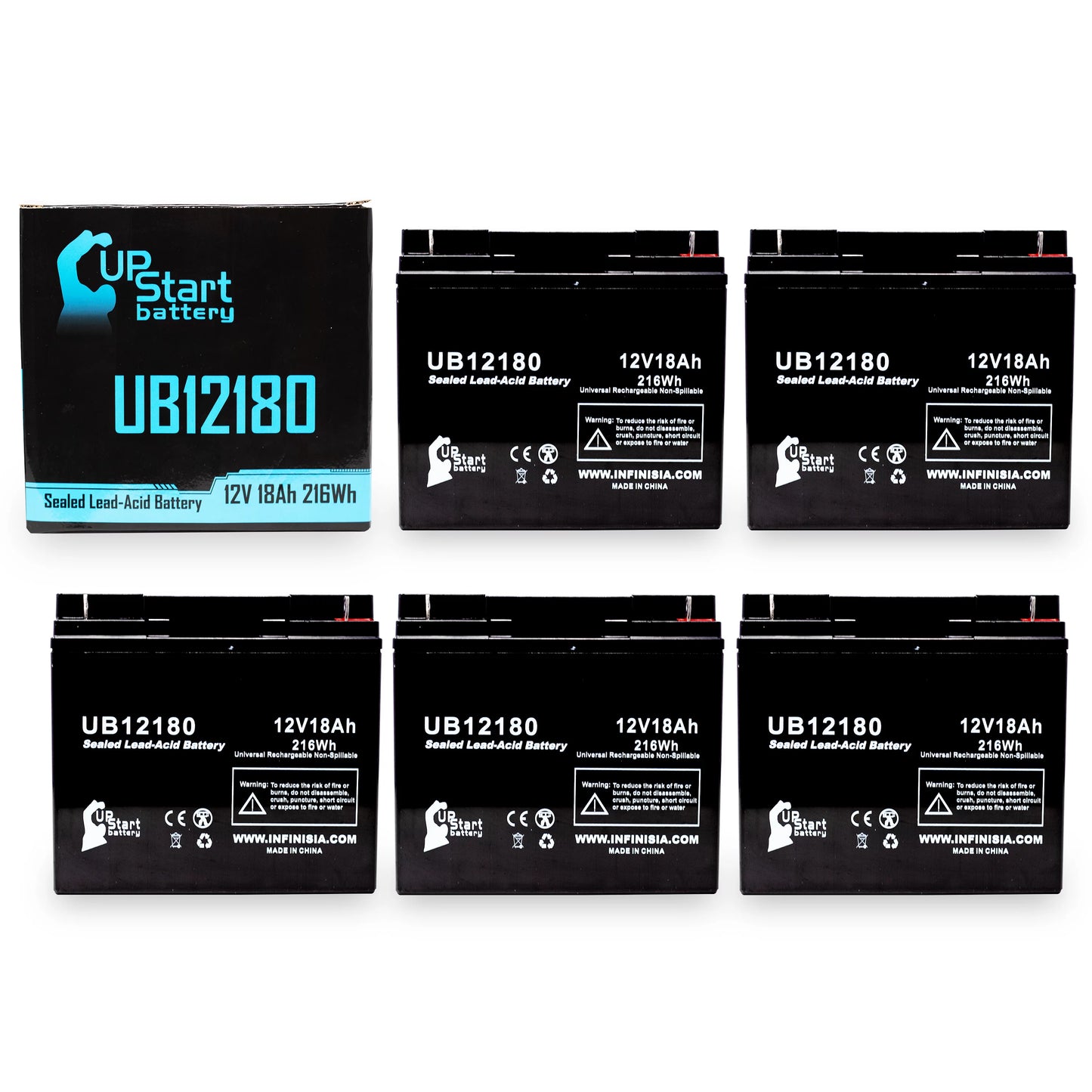 5x Pack - Compatible EAGLE PICHER BATTERIES CF12V18 Battery - Replacement UB12180 Universal Sealed Lead Acid Battery (12V, 18Ah, 18000mAh, T4 Terminal, AGM, SLA)