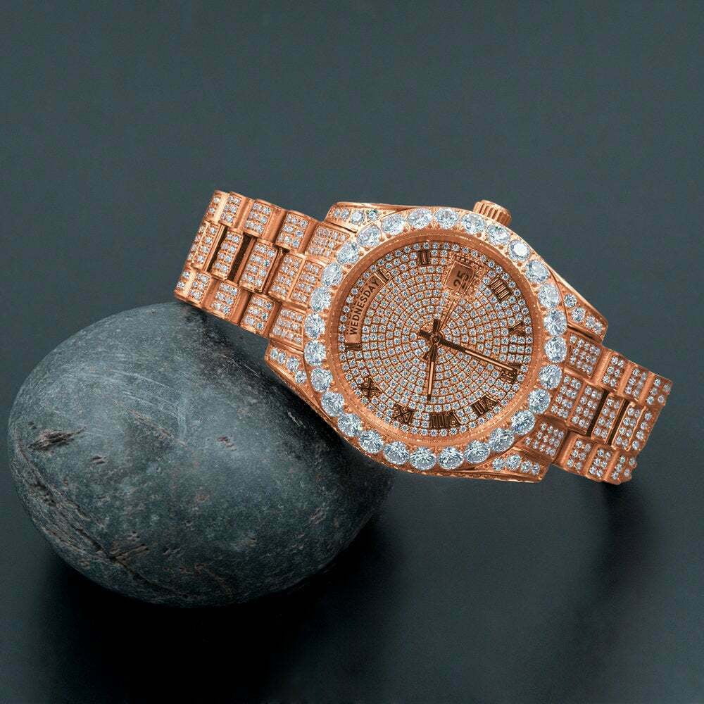 18K Rose Gold Tone Full Steel Day-Date Roman Face Solitaire Bezel Mens Simulated Diamond Watch 40mm